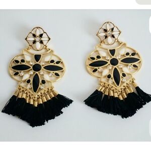 Kate Spade Morrocan Tile Gold and Black Tassel Pierced Earrings